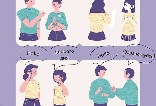 Mehrere Personen, die sich in verschiedenen Sprachen "Hallo" sagen. 
